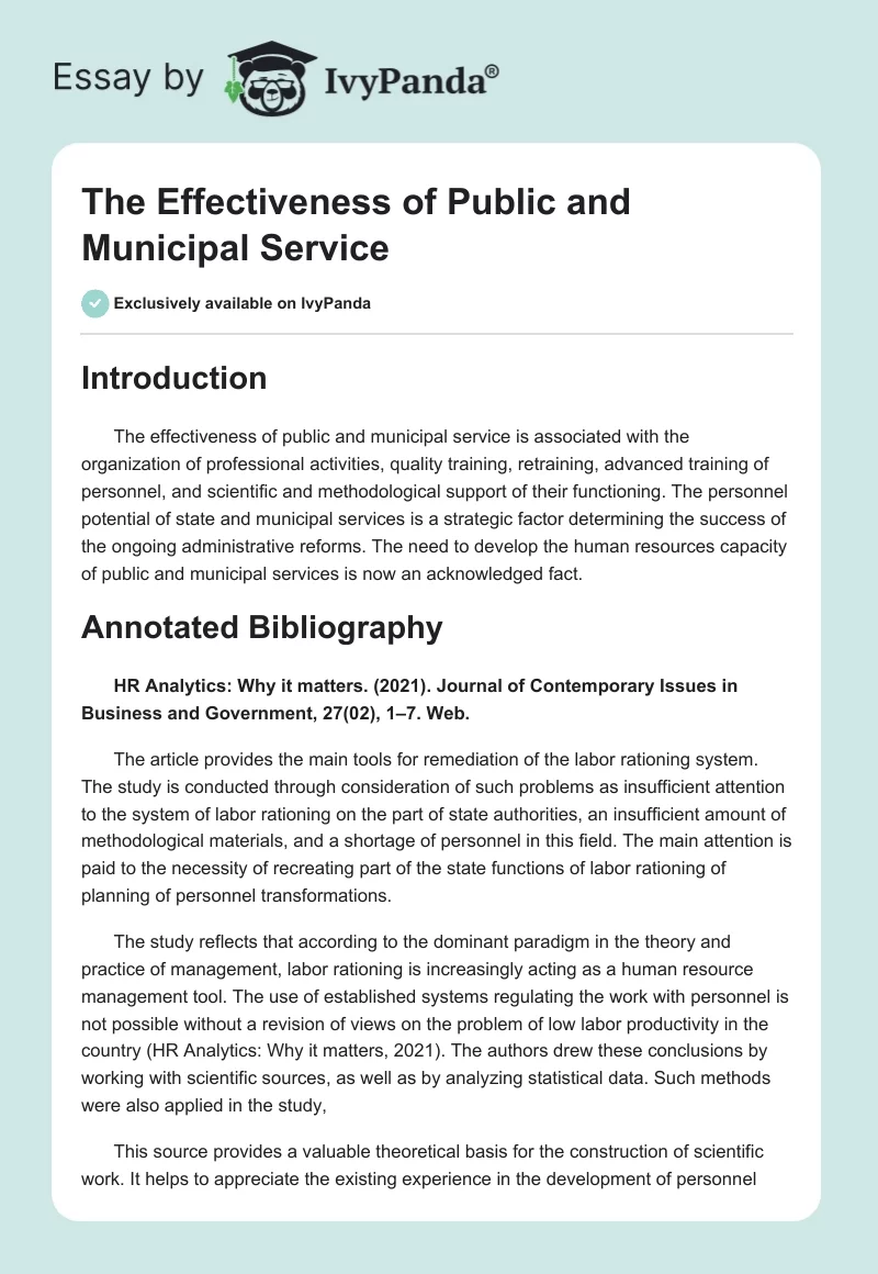 The Effectiveness of Public and Municipal Service. Page 1