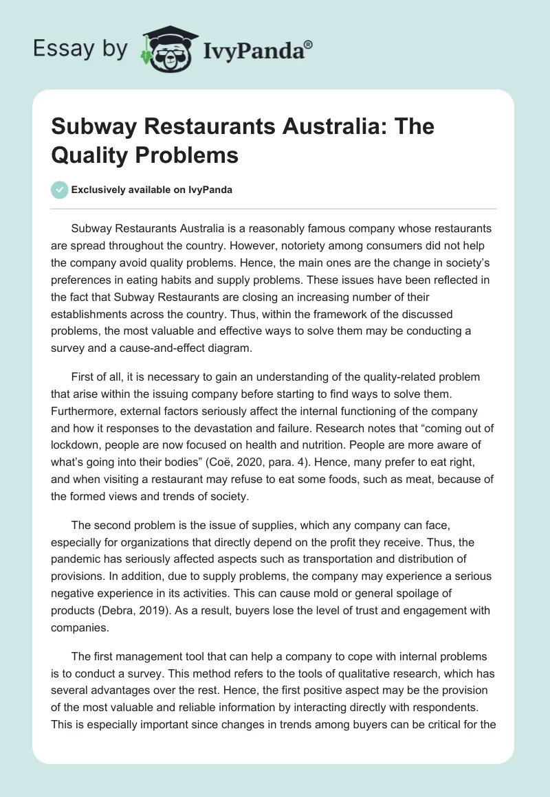 Subway Restaurants Australia: The Quality Problems. Page 1