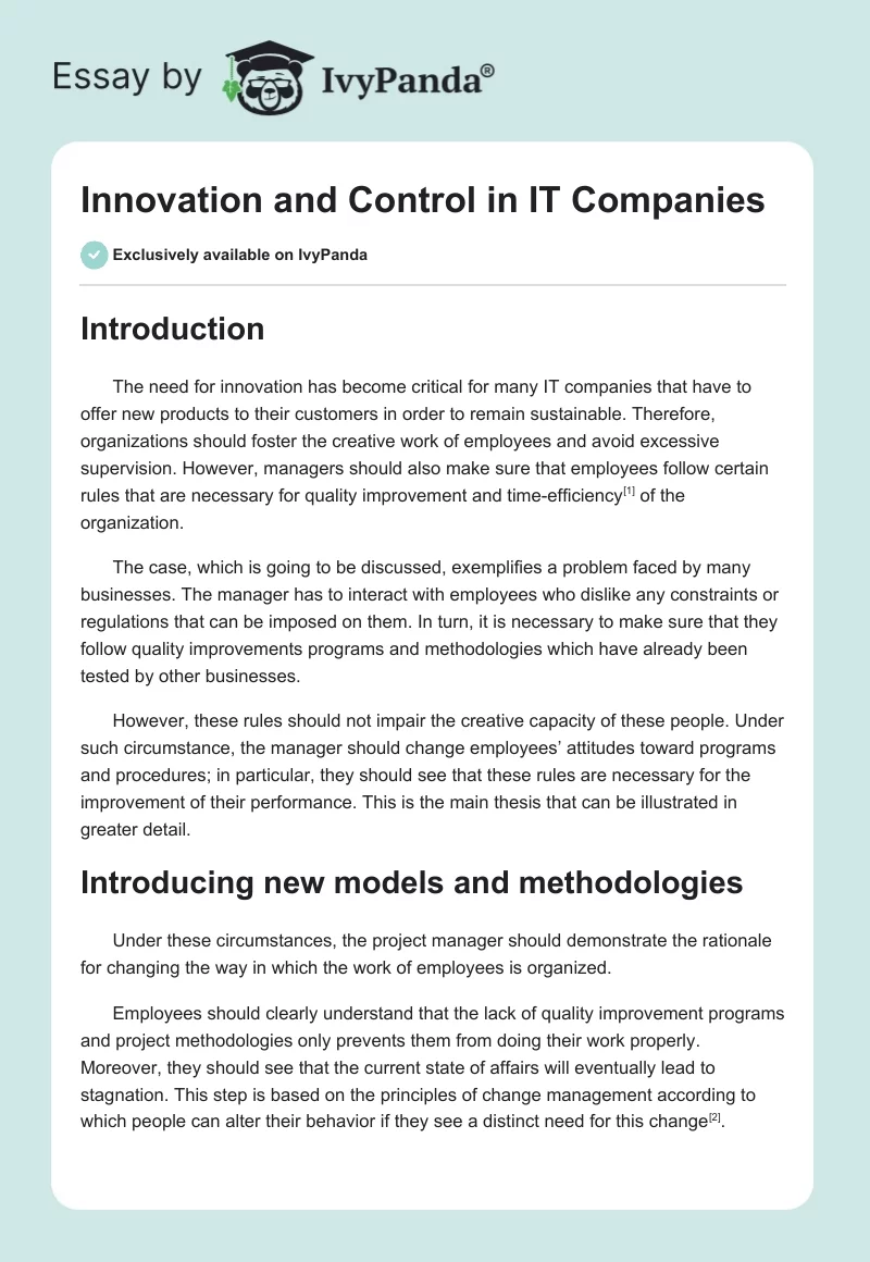 Innovation and Control in IT Companies. Page 1
