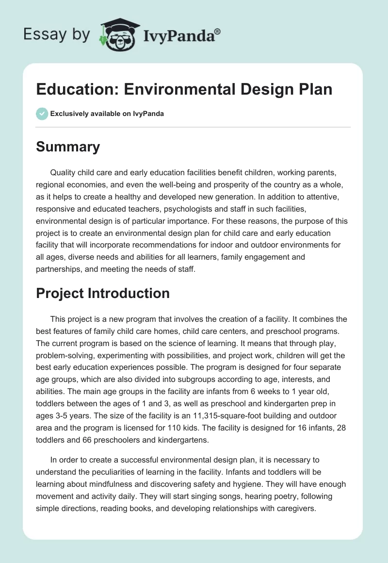 Education: Environmental Design Plan. Page 1