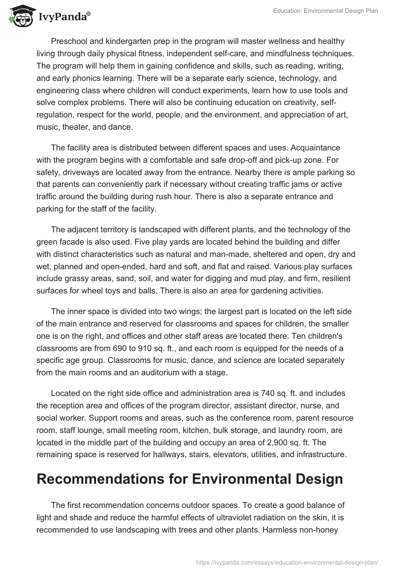 Education: Environmental Design Plan. Page 2