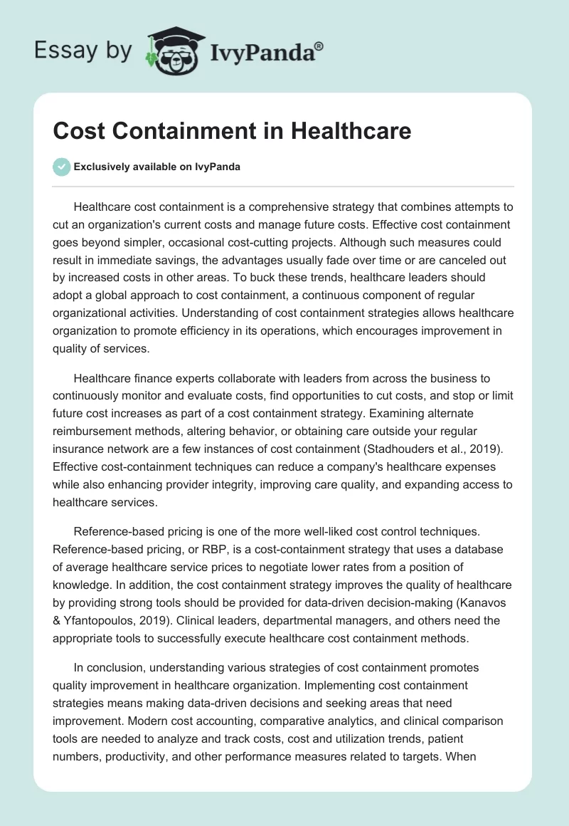 Cost Containment in Healthcare. Page 1