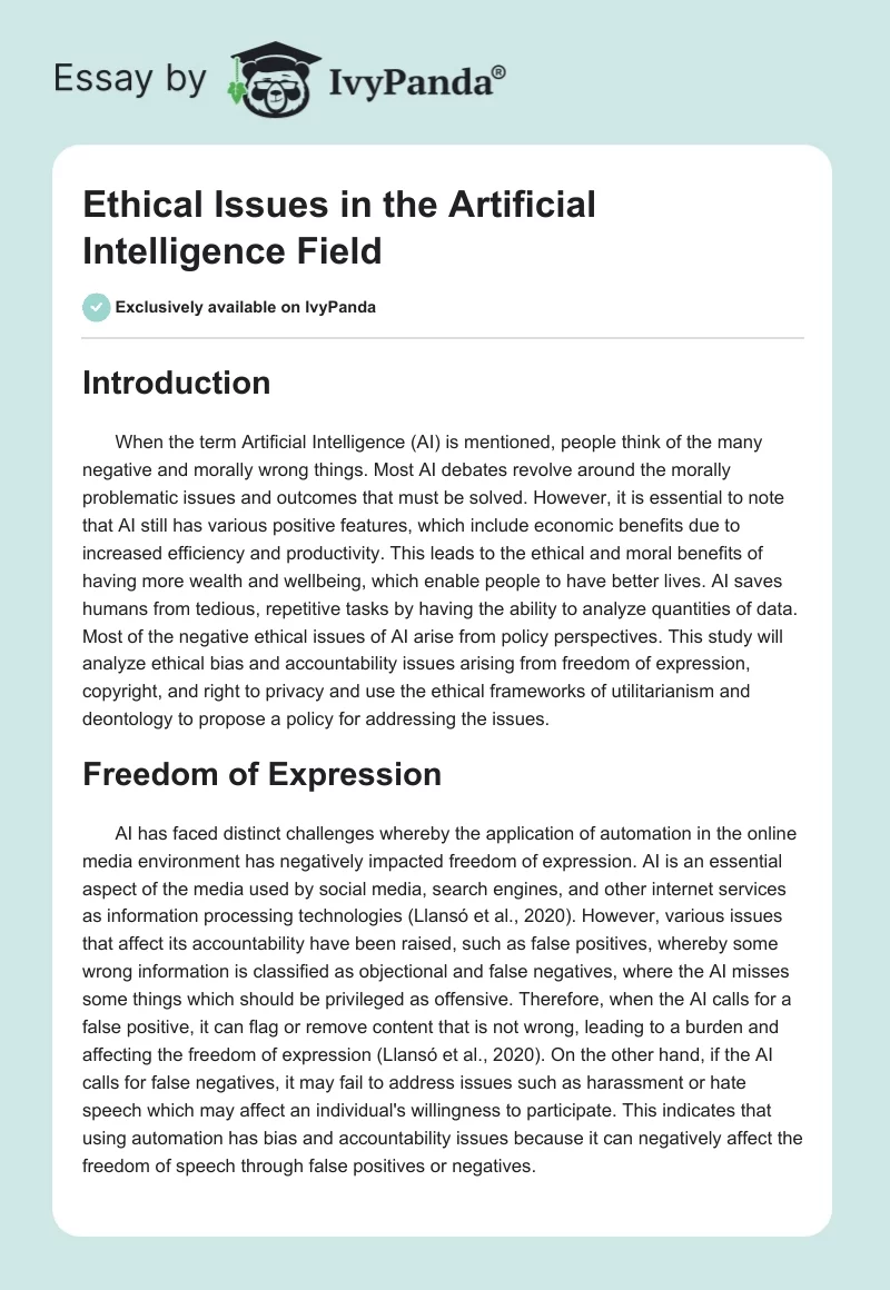 Ethical Issues in the Artificial Intelligence Field. Page 1