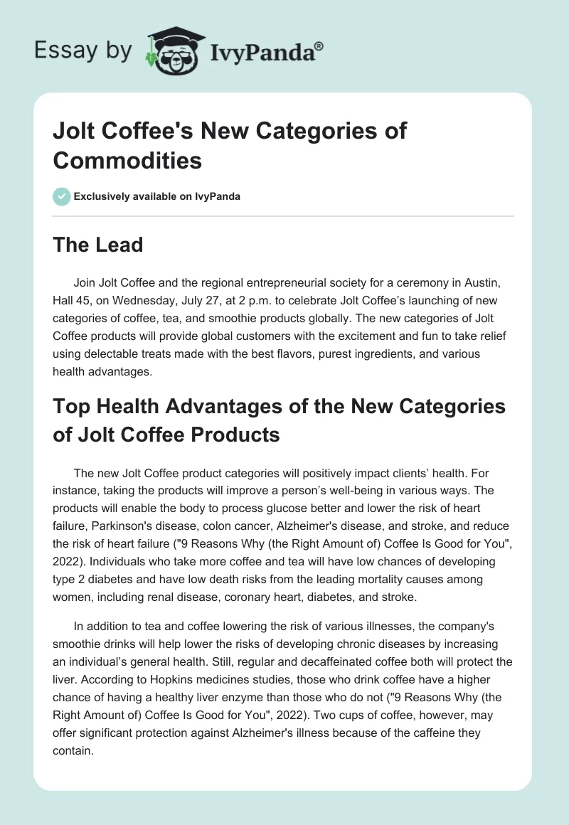 Jolt Coffee's New Categories of Commodities. Page 1