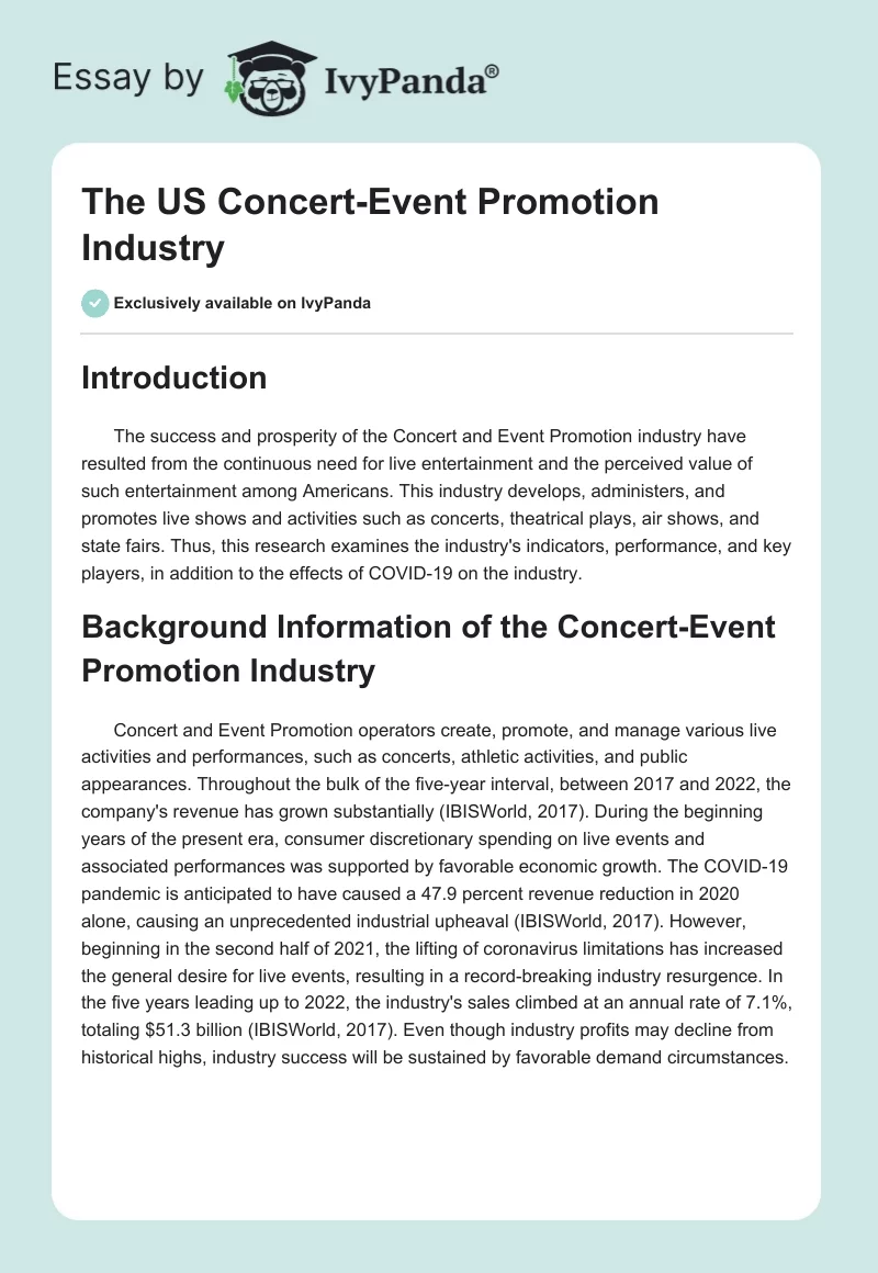 The US Concert-Event Promotion Industry. Page 1
