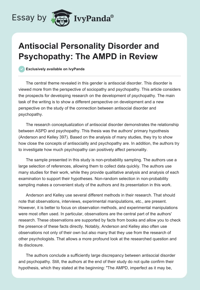 Antisocial Personality Disorder and Psychopathy: The AMPD in Review. Page 1