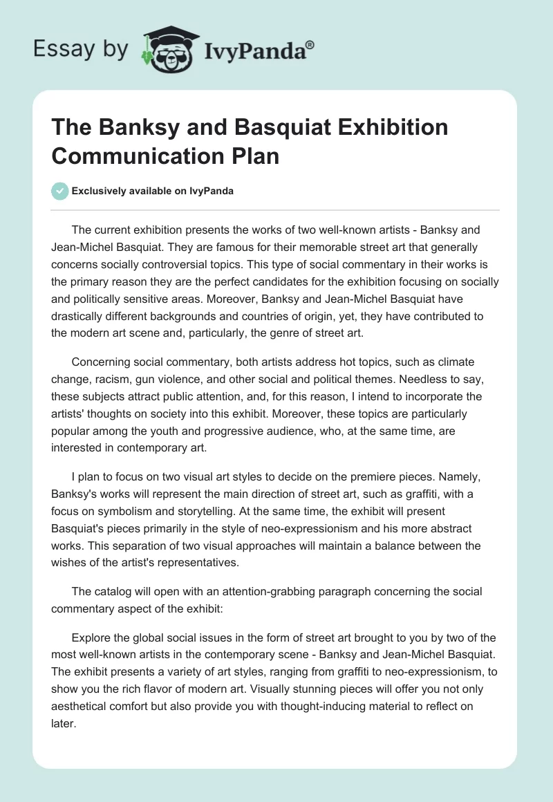 The Banksy and Basquiat Exhibition Communication Plan. Page 1