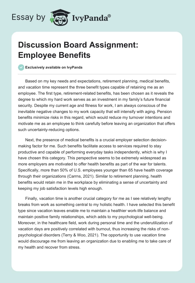 Discussion Board Assignment: Employee Benefits. Page 1