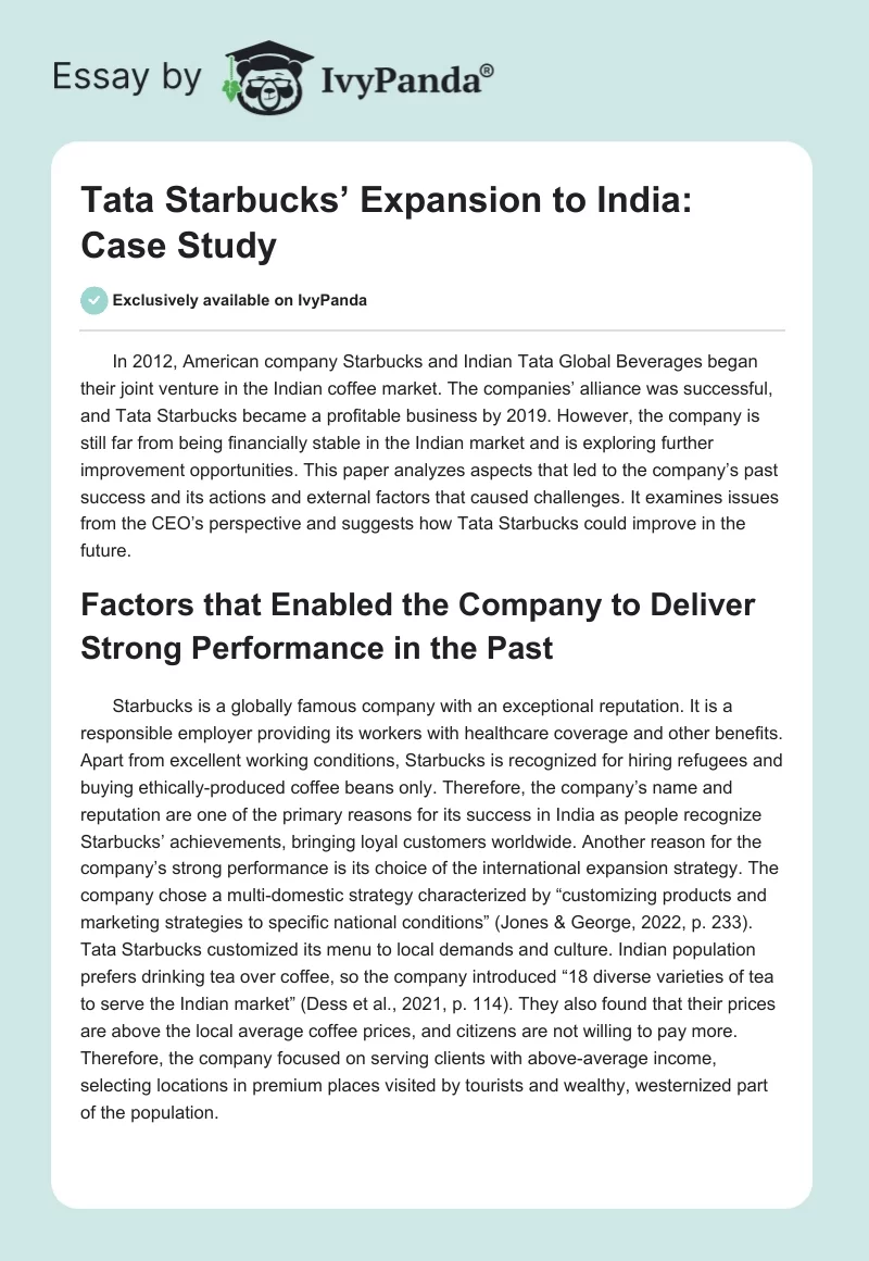 Tata Starbucks’ Expansion to India: Case Study. Page 1