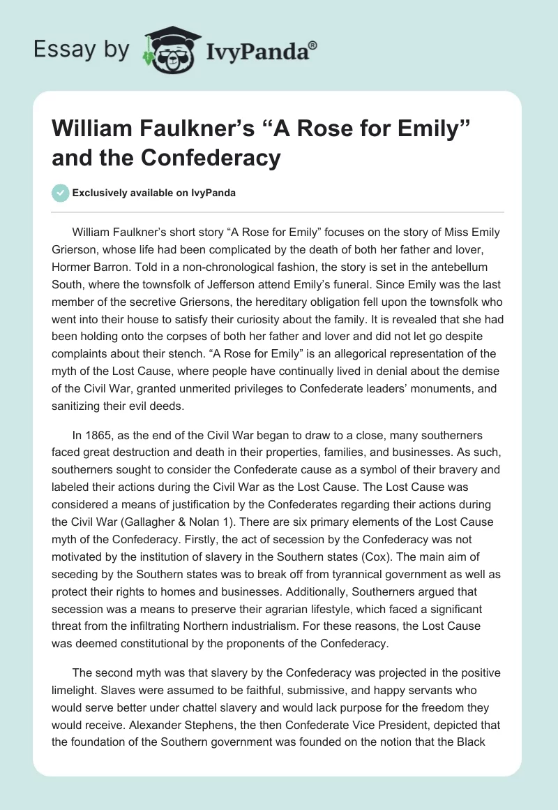 William Faulkner’s “A Rose for Emily” and the Confederacy. Page 1
