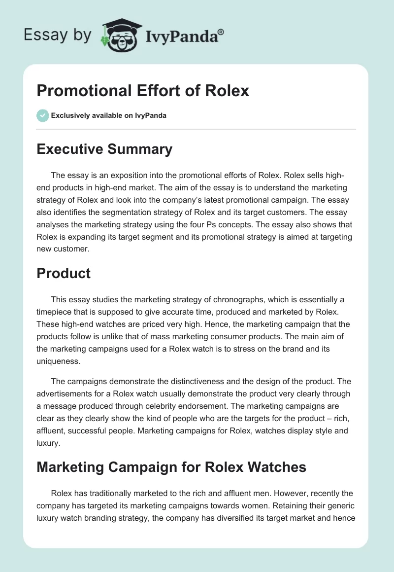 Promotional Effort of Rolex. Page 1