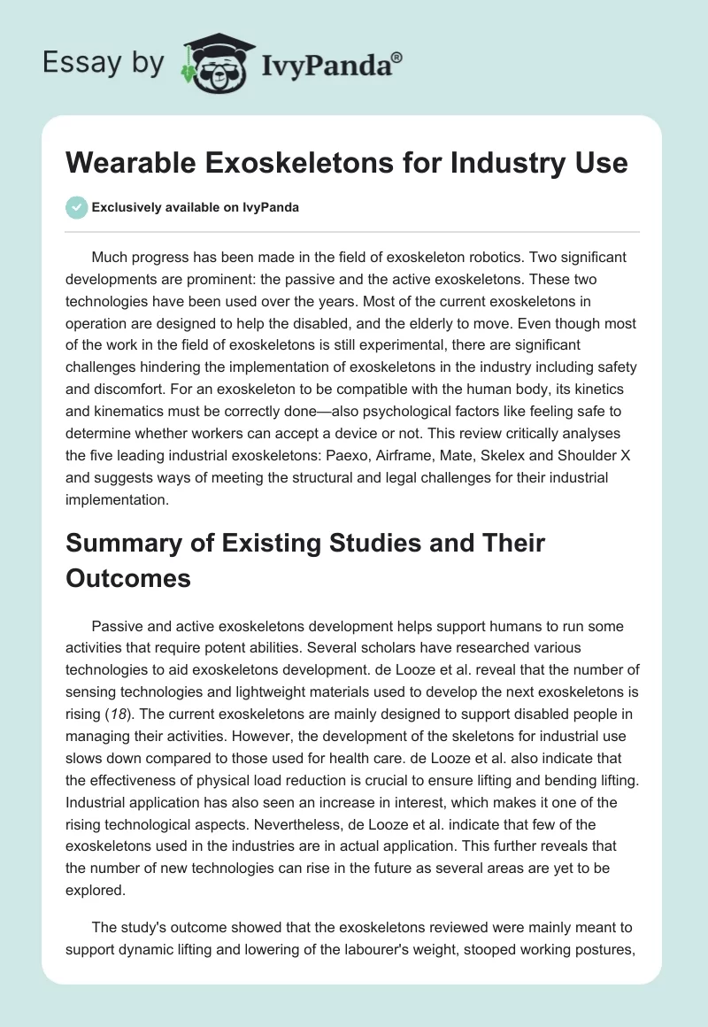 Wearable Exoskeletons for Industry Use. Page 1