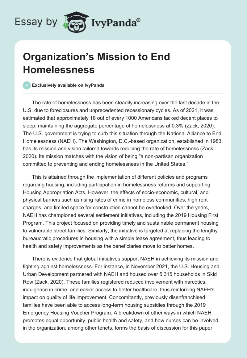 Organization’s Mission to End Homelessness. Page 1