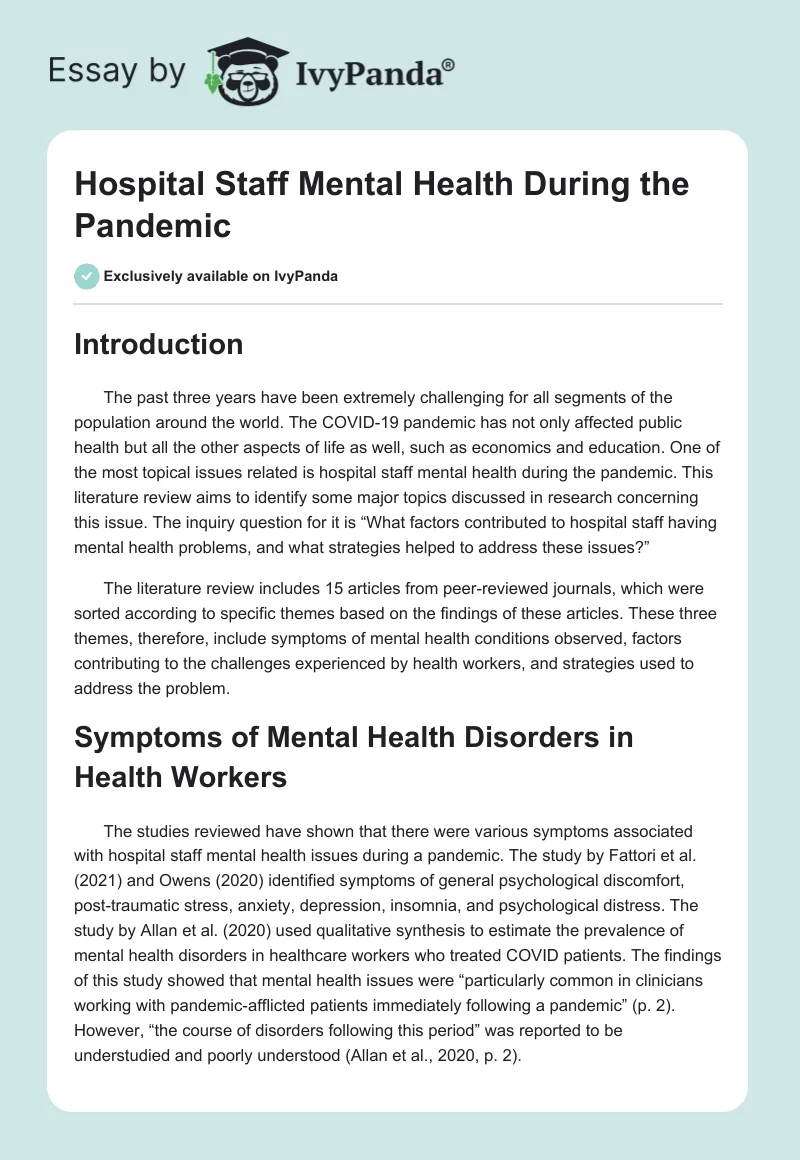 Hospital Staff Mental Health During the Pandemic. Page 1