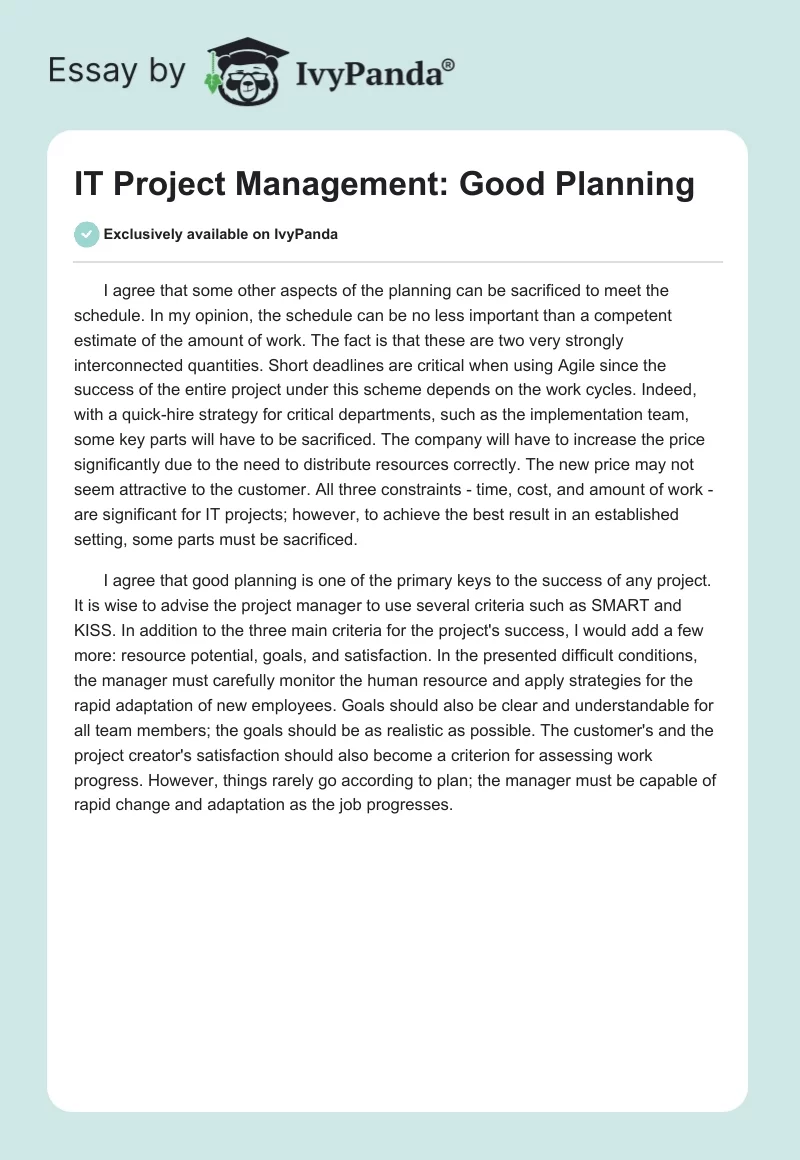 IT Project Management: Good Planning. Page 1