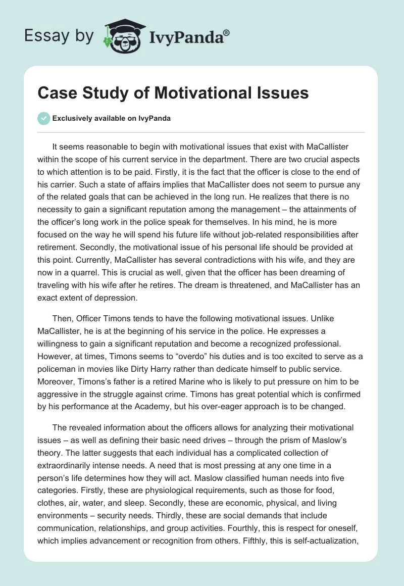 Case Study of Motivational Issues. Page 1