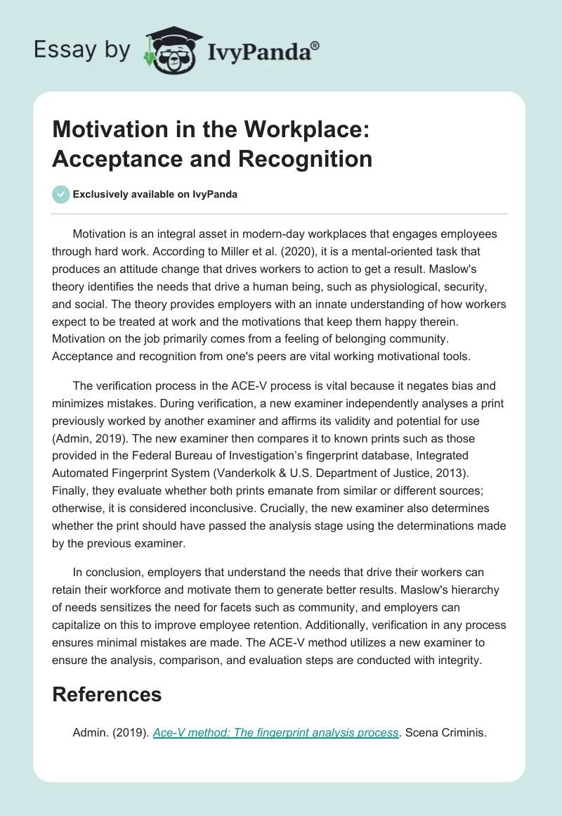 Motivation in the Workplace: Acceptance and Recognition. Page 1