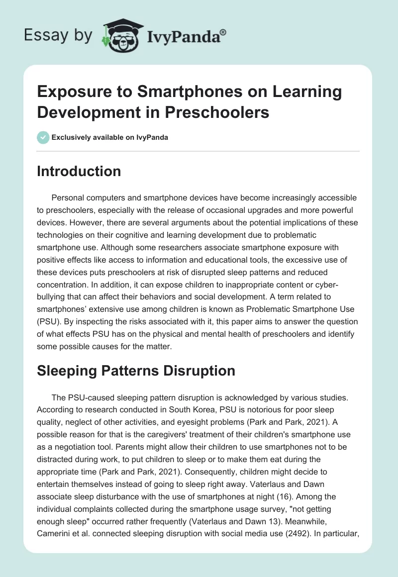 Exposure to Smartphones on Learning Development in Preschoolers. Page 1