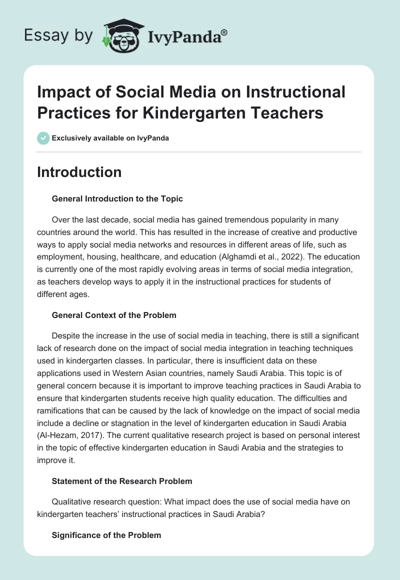 Impact of Social Media on Instructional Practices for Kindergarten Teachers. Page 1