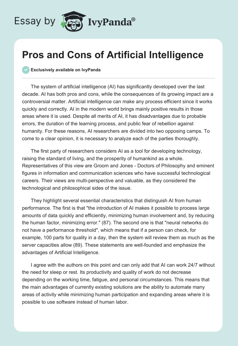 Pros and Cons of Artificial Intelligence. Page 1