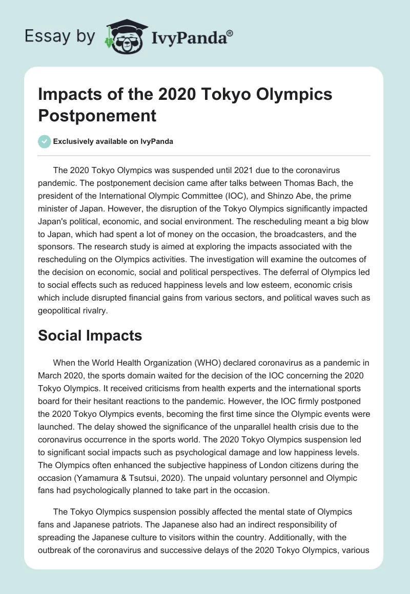Impacts of the 2020 Tokyo Olympics Postponement. Page 1