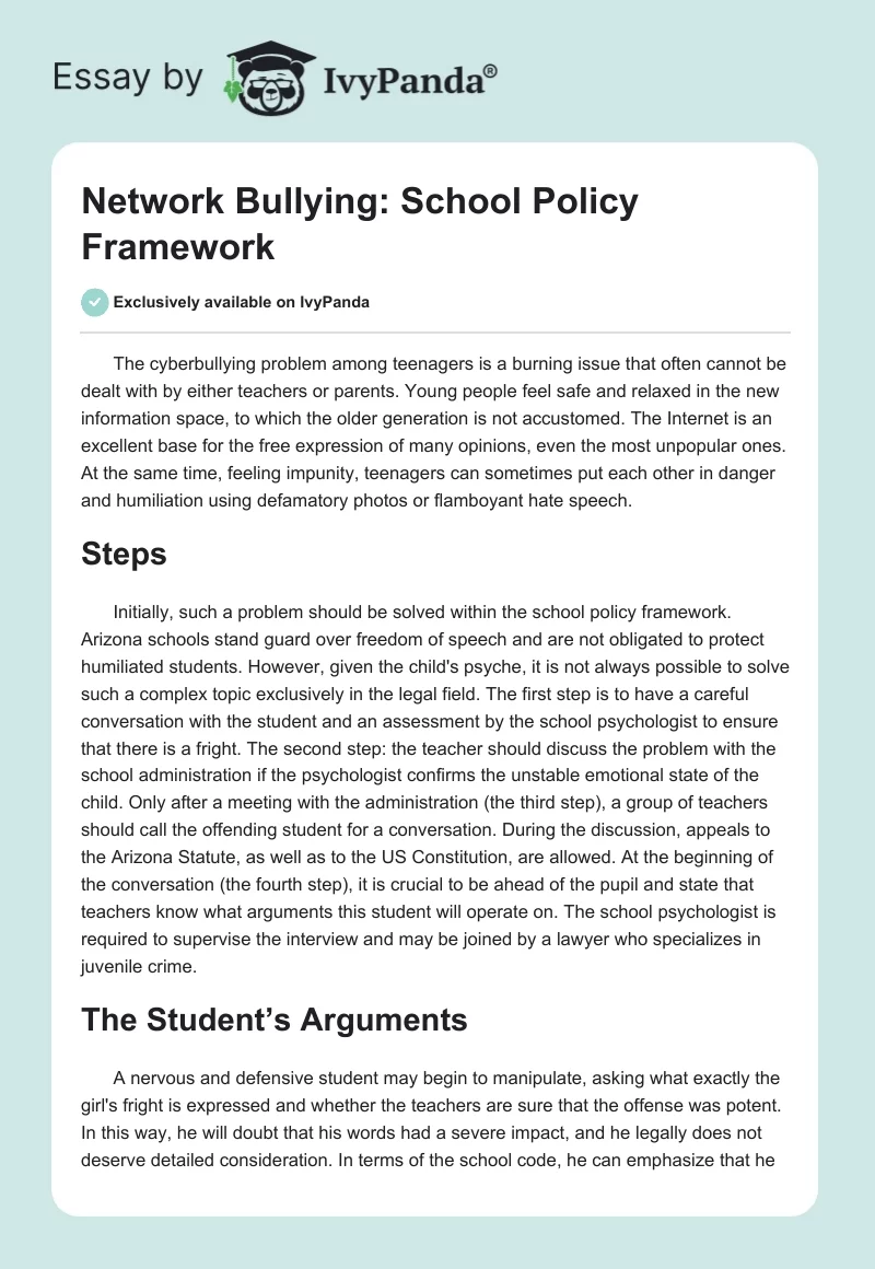 Network Bullying: School Policy Framework. Page 1