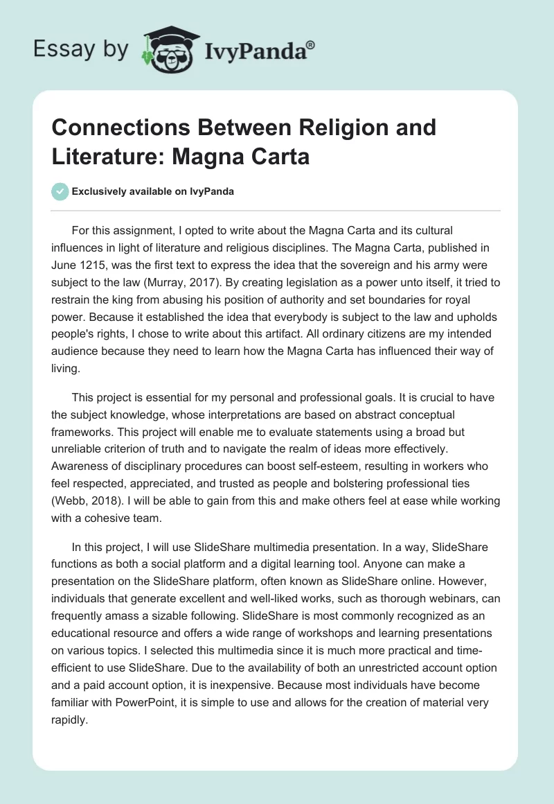 Connections Between Religion and Literature: Magna Carta. Page 1