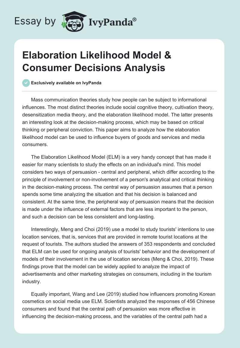 Elaboration Likelihood Model & Consumer Decisions Analysis. Page 1