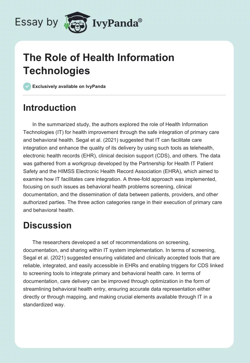 The Role of Health Information Technologies. Page 1