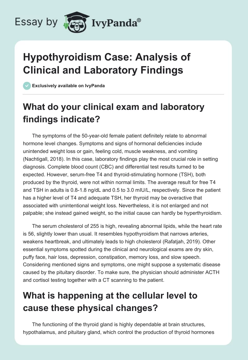 Hypothyroidism Case: Analysis of Clinical and Laboratory Findings. Page 1