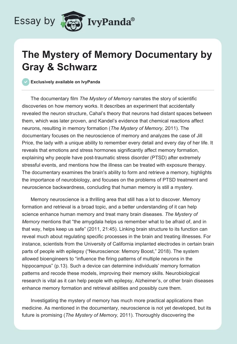 ”The Mystery of Memory” Documentary by Gray & Schwarz. Page 1