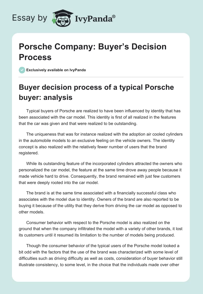 Porsche Company: Buyer’s Decision Process. Page 1