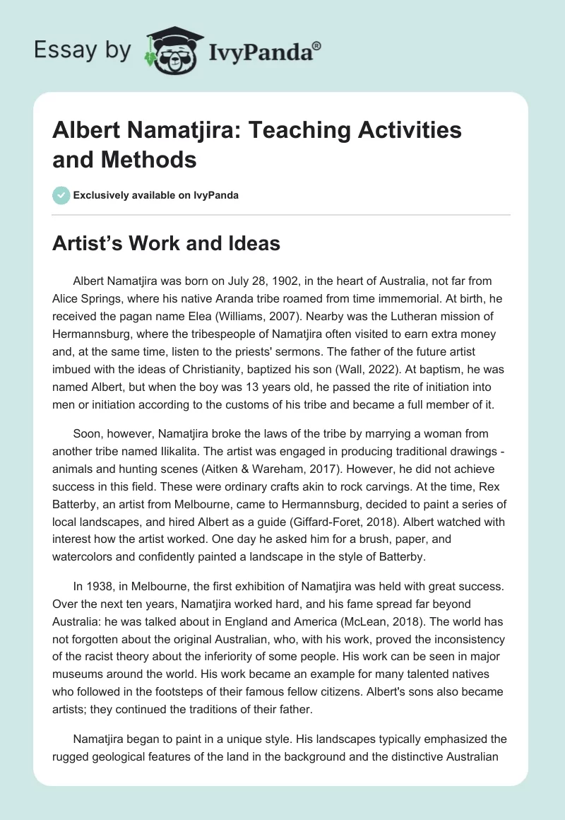 Albert Namatjira: Teaching Activities and Methods. Page 1