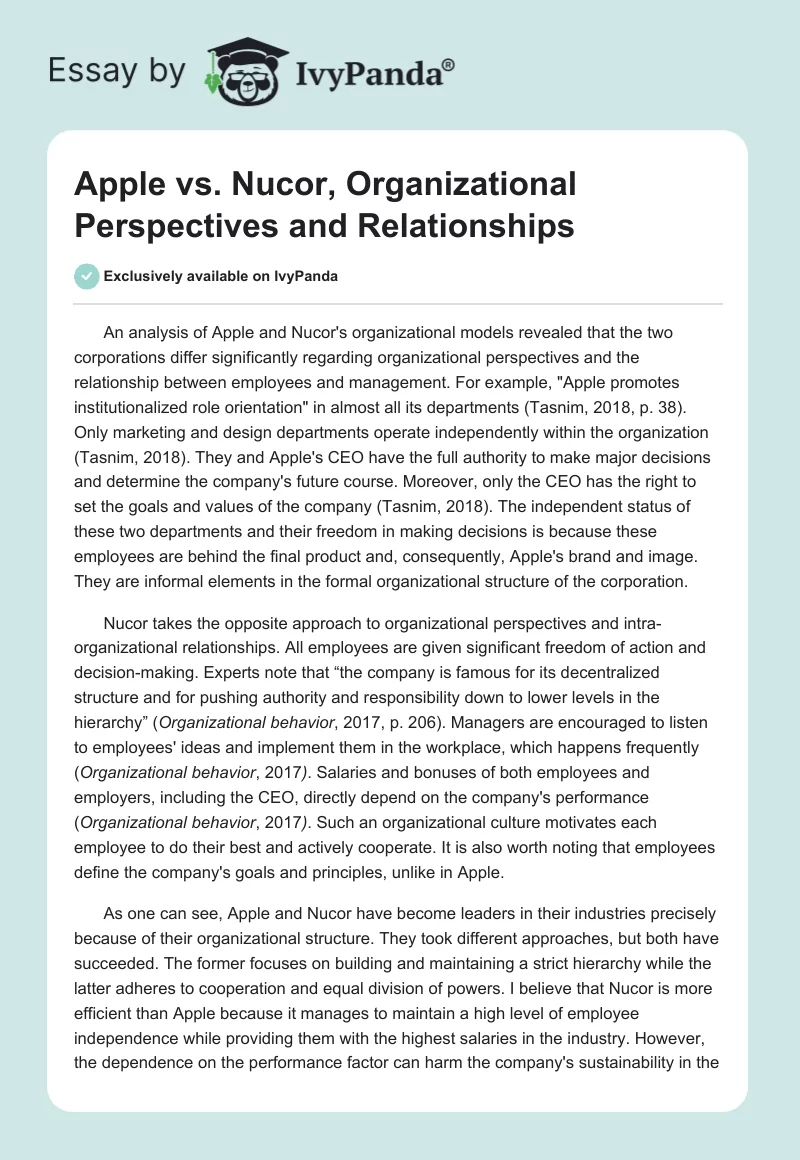 Apple vs. Nucor, Organizational Perspectives and Relationships. Page 1