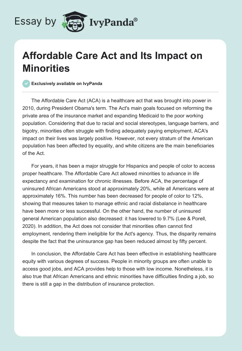 Affordable Care Act and Its Impact on Minorities. Page 1