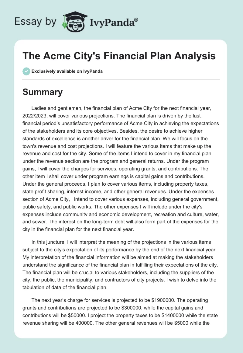 The Acme City's Financial Plan Analysis. Page 1