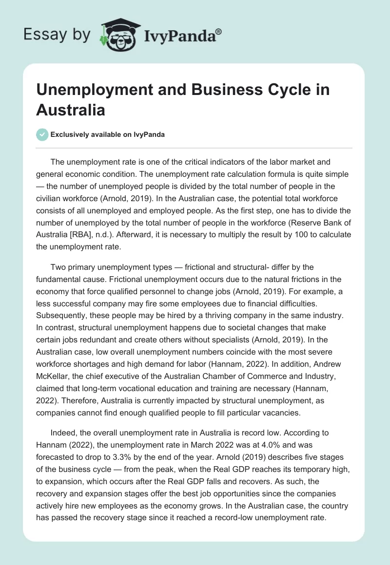 Unemployment and Business Cycle in Australia. Page 1