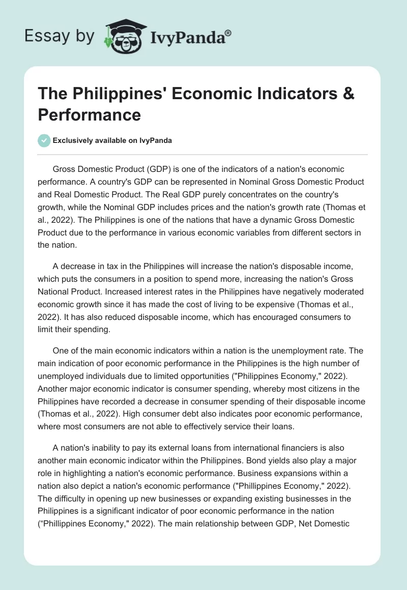 The Philippines' Economic Indicators & Performance. Page 1
