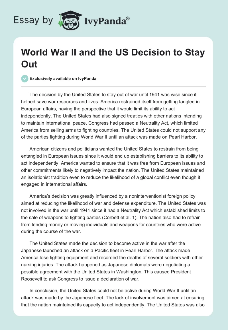 World War II and the US Decision to Stay Out. Page 1