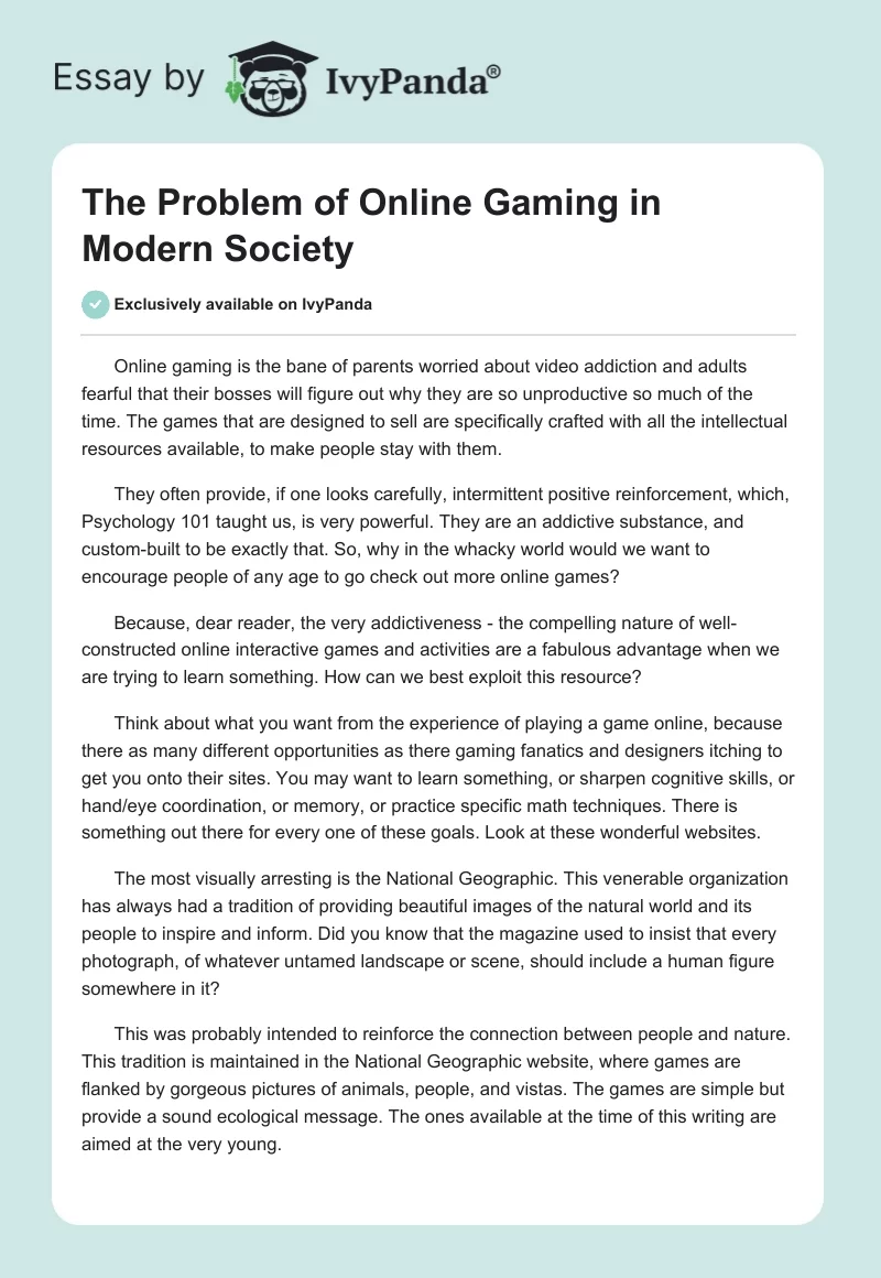 The Problem of Online Gaming in Modern Society. Page 1