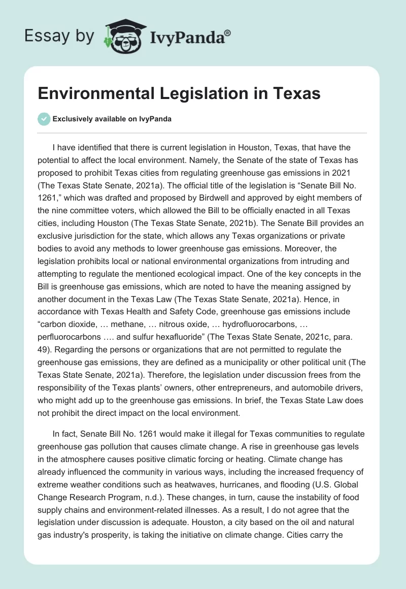 Environmental Legislation in Texas. Page 1