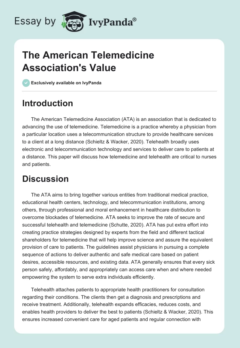The American Telemedicine Association's Value. Page 1
