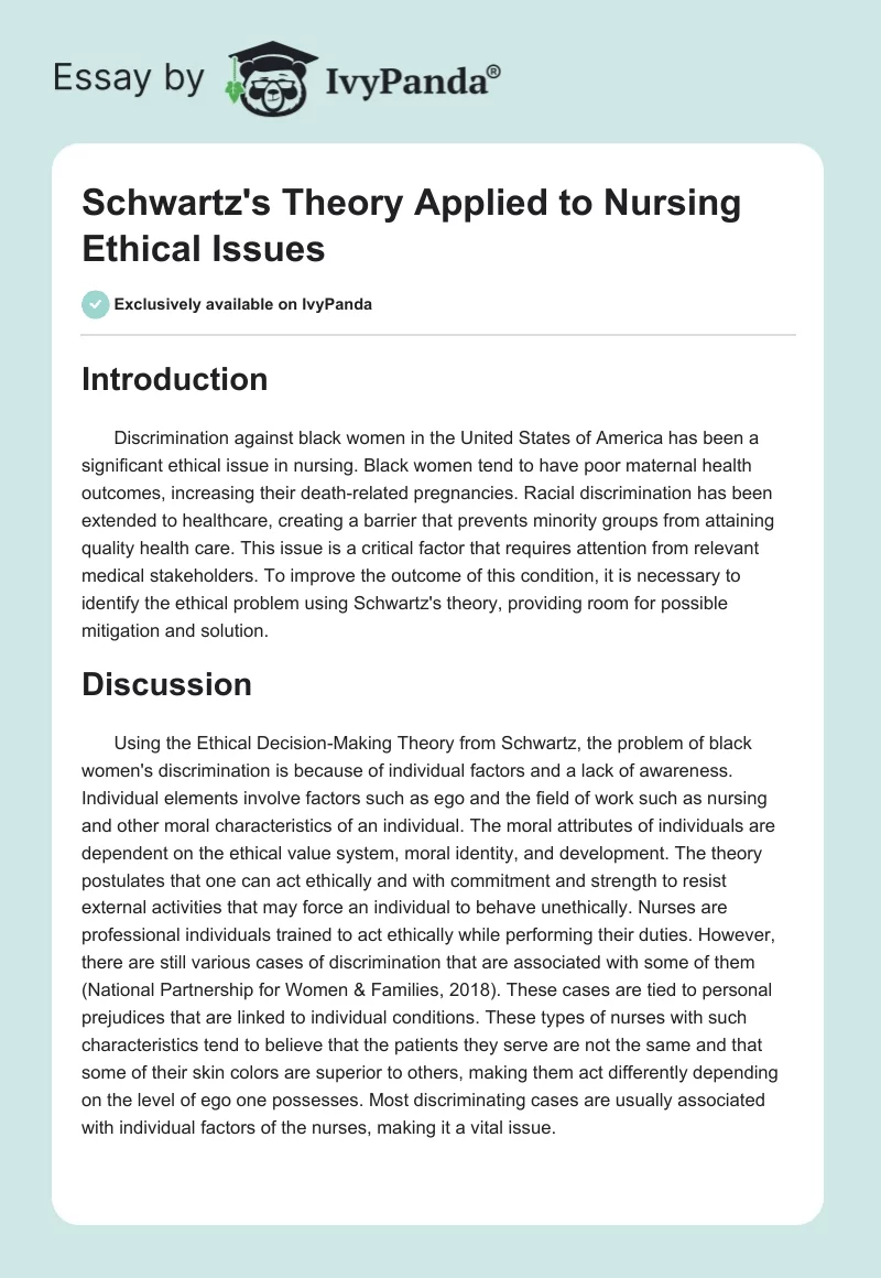 Schwartz's Theory Applied to Nursing Ethical Issues. Page 1