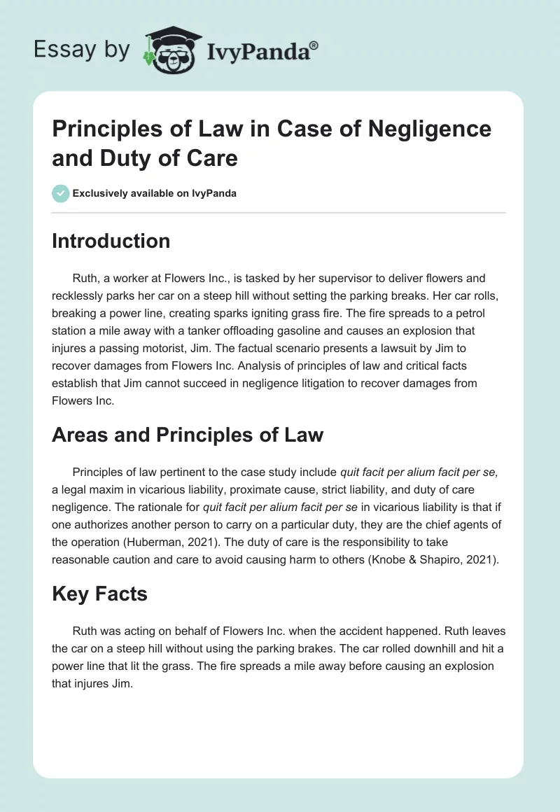 Principles of Law in Case of Negligence and Duty of Care. Page 1