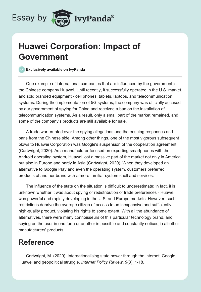 Huawei Corporation: Impact of Government. Page 1