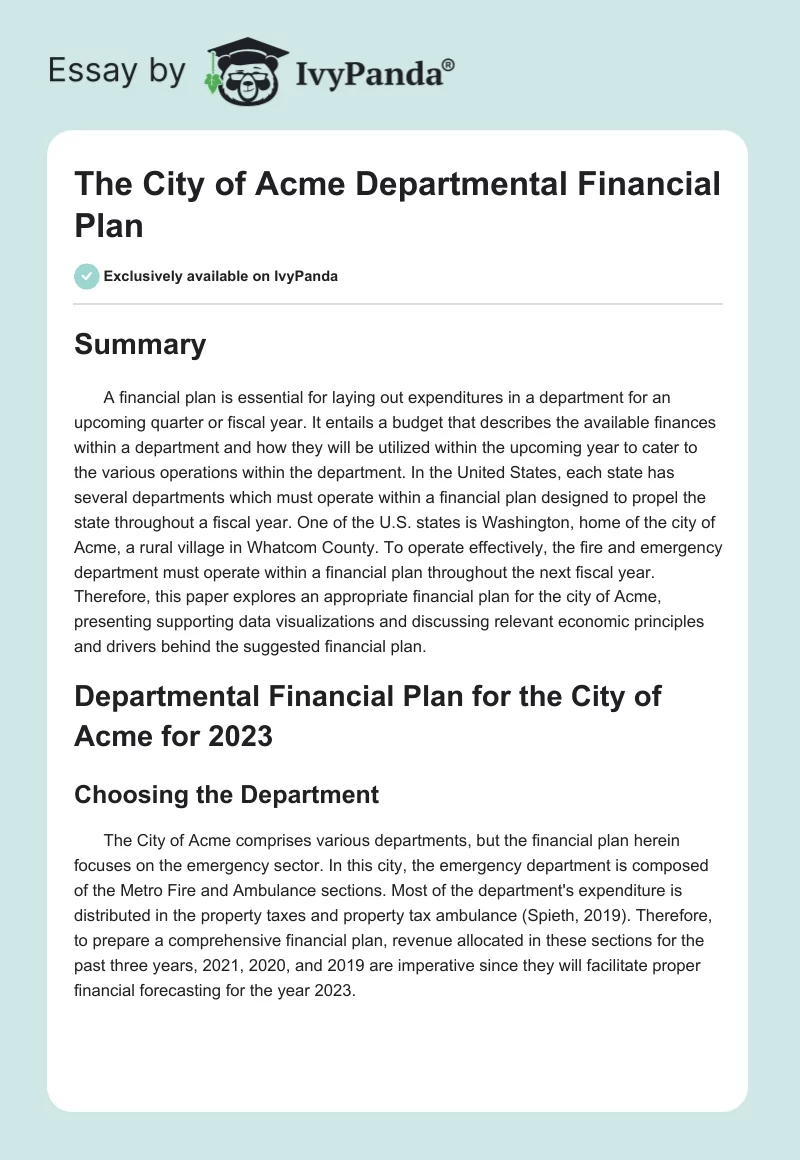 The City of Acme Departmental Financial Plan. Page 1