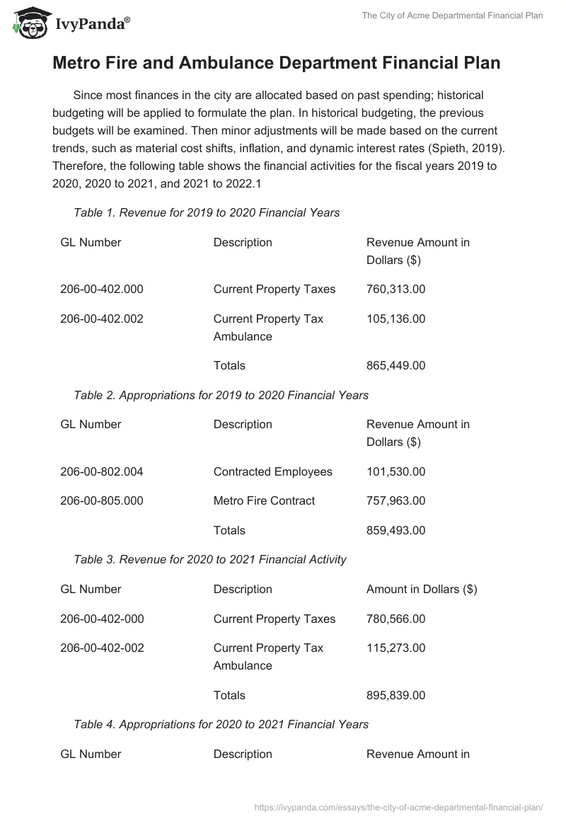The City of Acme Departmental Financial Plan. Page 2