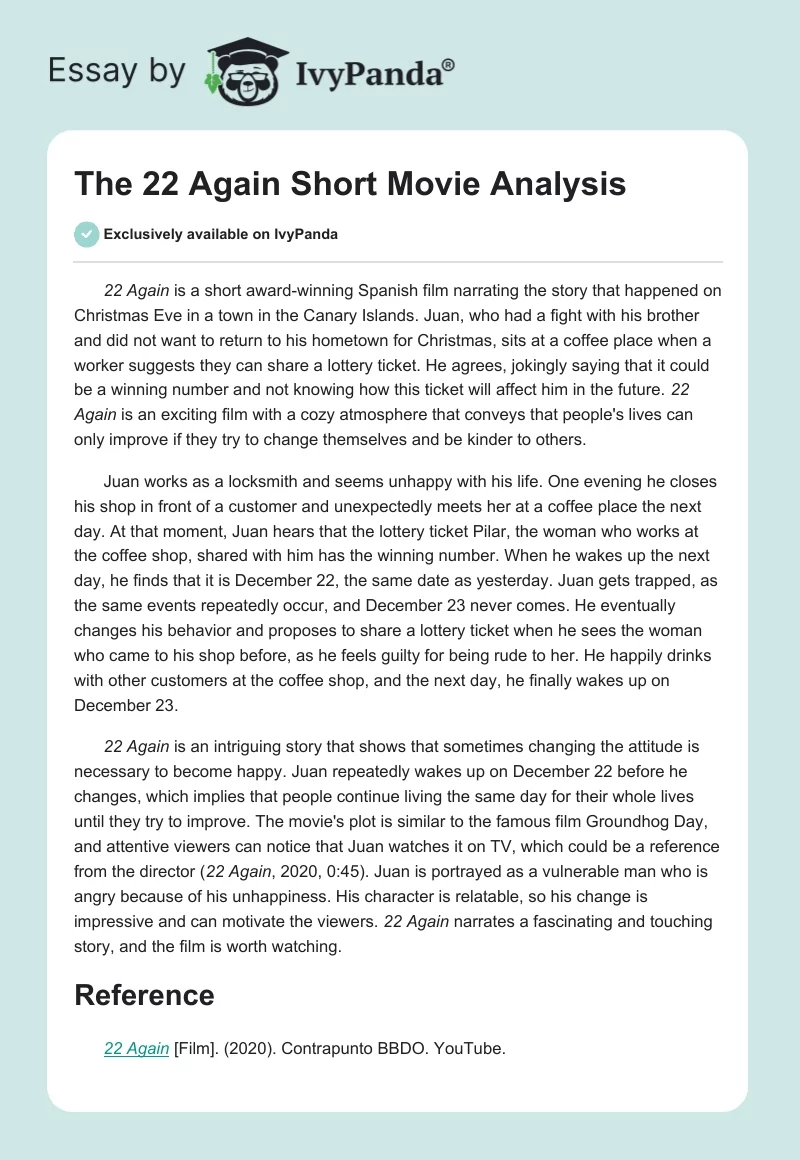 The "22 Again" Short Movie Analysis. Page 1