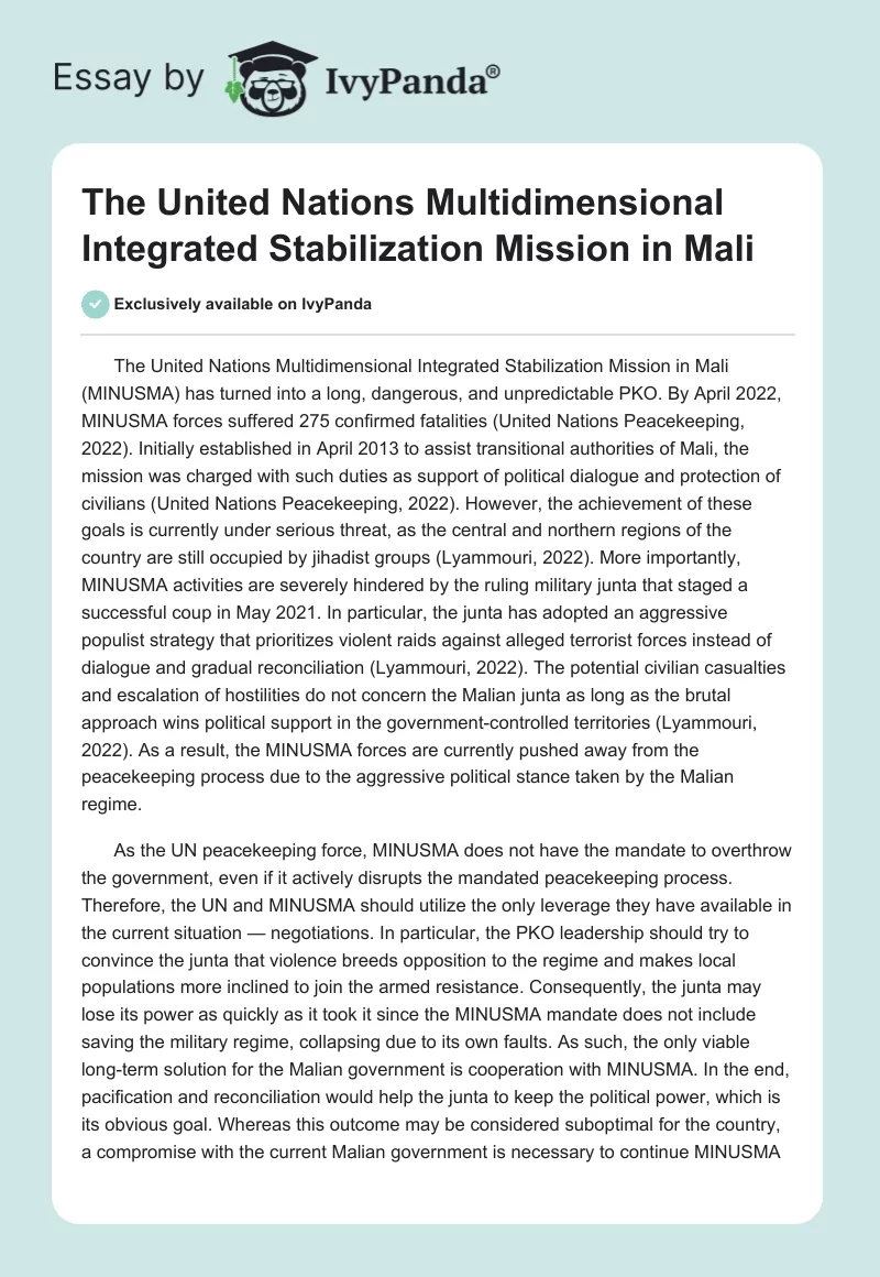 The United Nations Multidimensional Integrated Stabilization Mission in Mali. Page 1