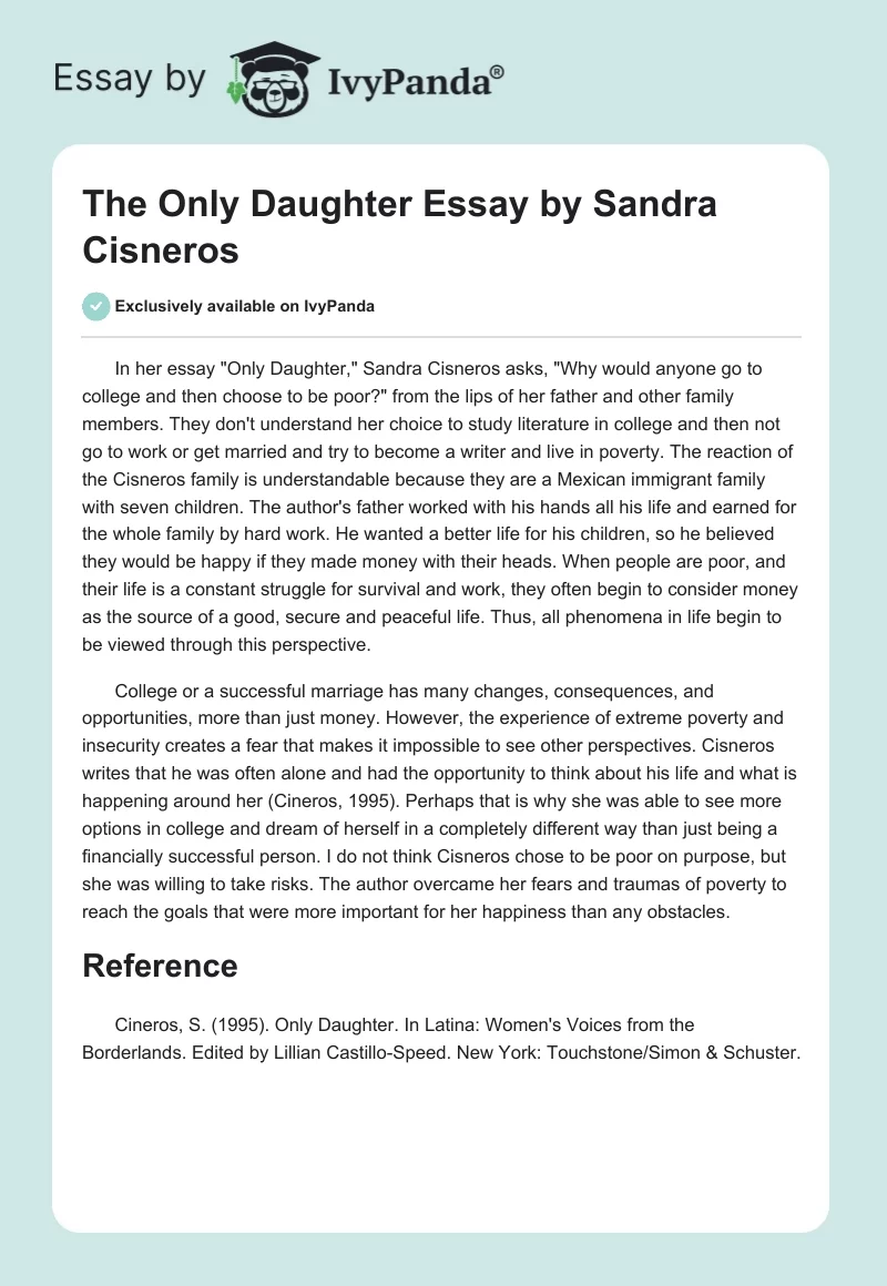 The "Only Daughter" Essay by Sandra Cisneros. Page 1